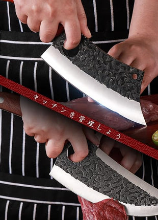 DRAGON RIOT Professional Butcher Knife Set for Meat Processing, 3Pcs High Carbon Steel Hand Forged Serbian Cleaver Chef Knife Set with Ergonomic Handles for Kitchen Outdoor Cooking