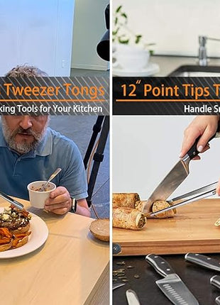 JETKONG 6 Pcs Cooking Tweezer Tongs, 12'' and 6.3" Stainless Steel Kitchen Tweezer Set, Professional Chef Tweezers for Cooking, Repairing, Sea Food, BBQ, Multi-use