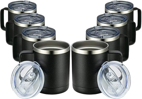 MEWAY 12oz Coffee Mug With Handle 8 Pack Bulk,Stainless Steel Insulated Travel Tumblers With Sliding Lid,Double Wall Vacuum Camping Cup for Hot & Cold Drinks Tea (Black, 8)