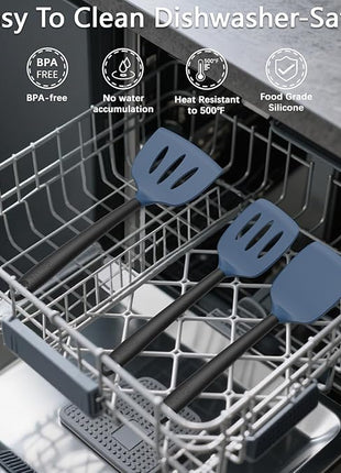 Coukre 3 Pack Silicone Spatula Set, High Heat Resistant, BPA-Free, Fish Spatula, Solid & Slotted Turner for Non-Stick Pans, Flipping Eggs, Pancakes, Fish, Burgers (3, DarkBlueBlack)