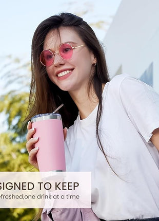 MEWAY 20oz Tumbler Cup Double Wall Vacuum Insulated Travel Mug Bulk, Stainless Steel Tumblers with Lid and Straw, Durable Powder Coated Coffee Cups for Cold & Hot Drinks (Pink, 1)