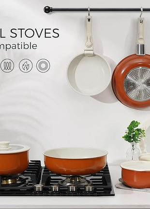 15Pcs Pots and Pans Set Non Stick, Cookware Sets with Detachable Handle, Nonstick RV Kitchen Cooking Tools Removable Handles, Oven Safe, Induction Fast, Stackable Induction Cookware, Tangerine