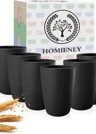 Homienly Wheat Straw Cups Set of 6, 12 OZ Alternative Plastic Cups Reusable, Stackable Drinking Cups, Water Cups, Coffee Cups, Unbreakable Glasses Drinking for Camping, Travel, Party - Black
