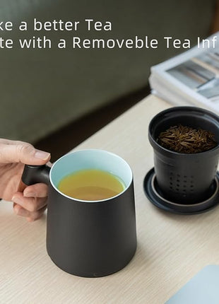 ZENS Tea Cup with Infuser and Lid for Loose Leaf Tea Steeper, 12oz Black Ceramic Tea Mug with Wood Handle for Tea Lovers Gifts