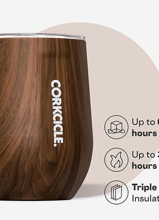 Corkcicle Stemless Insulated Wine Glass Tumbler - Keeps Beverages Cold 6 Hrs Hot 3 Hrs - Stainless Steel - Easy-Grip - Summer Drinkware Gift - Keeps Drinks Ice Cold - 12 oz - Walnut Wood