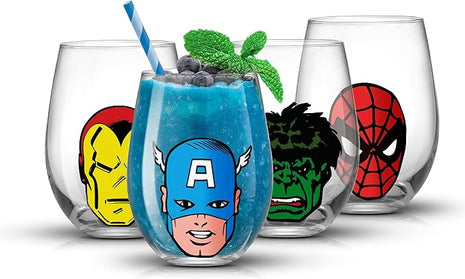 JoyJolt Marvel Heroes Stemless Drinking Glasses, 19oz Superhero Cups ft Hulk Captain America Spiderman and Iron Man, Avengers Glassware Set of 4, Marvel Gifts for Men and Women