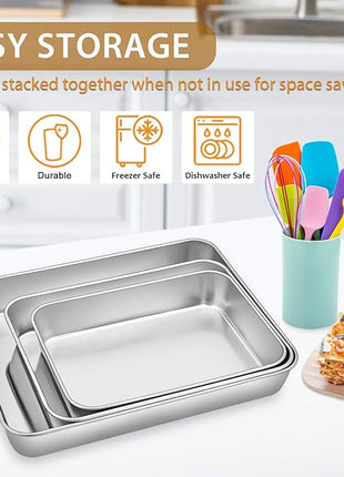 E-far Baking Pans Set of 3, Stainless Steel Sheet Cake Pan for Oven - 12.5/10.5/9.4Inch, Rectangle Bakeware Set for Cake Lasagna Brownie Casserole Cookie, Non-toxic & Healthy, Dishwasher Safe