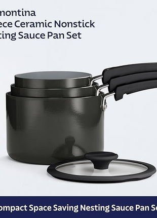 Tramontina Ceramic Non Stick 6-Piece Nesting Sauce Pan Set with Lids - Stackable Nonstick Cookware Set, Dishwasher and Oven Safe, Dark Gray