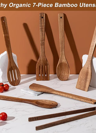 Wooden Spoons for Cooking 7-Piece, Kitchen Nonstick Wood Cooking Utensils Set, Durability Wooden Spatula Spoon for Everyday Use, Brown