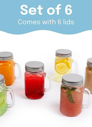 Estilo Mason Jar, 16 oz, Set of 6, Glass Drinking Cups with Handles, Tin Lids, Overnight Oats Jars, Smoothie Cups