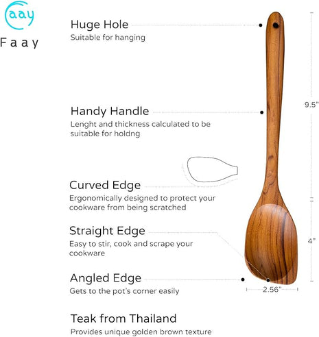 FAAY 13.5” Left-Handed Corner Wooden Spoon – Angled Teak Cooking Utensil for Left-Hand Use, Ergonomic Scraper & Stirring Spoon, Handcrafted Thai Teak, Safe for Nonstick Cookware