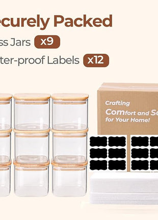 ComSaf 0.7 Qt Glass Food Storage Jars Set of 9, Clear Glass Storage Containers with Lids, Pantry Organization Jar, Spice, Blooming Tea, Oat, Coffee and Sugar Container, Small Canister Set for Kitchen