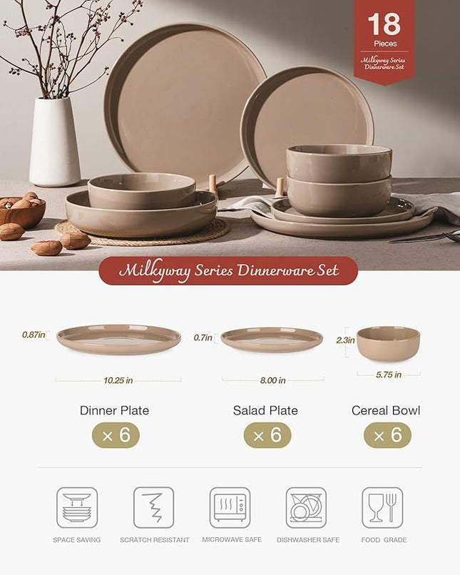 Famiware Milkyway Plates and Bowls Set, 18 Pieces Dinnerware Sets, Dishes Set for 6, Cinnamon Brown