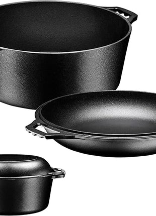 Bruntmor Pre-Seasoned Cast Iron Double Dutch Oven with Skillet Lid - 7 Quart All-in-One Casserole and Braising Pan - Heavy Duty and Oven Safe Black Cookware for Versatile Cooking - 14.7 x 6.9 Inches