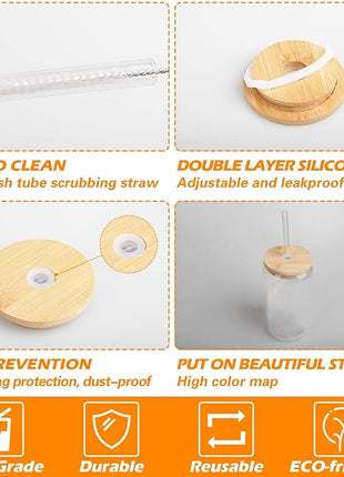 Drinking Glasses with Bamboo Lids and Glass Straw 4PCS Set, 16oz Glass Cups with Lids and Straws, Beer, Iced Coffee Glasses, Soda, Gift 1 Cleaning Brushes