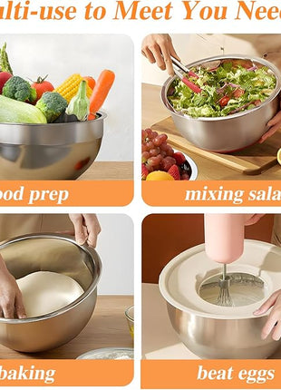 Mixing Bowls with Lids Set, 6 PCS Stainless Steel Mixing Bowls with 3 Grater Attachments, Kitchen Food Storage Organizers Nesting Mixing Bowl, Large Size 4.5, 3.5, 2.1, 1.5, 1.1, 0.7QT
