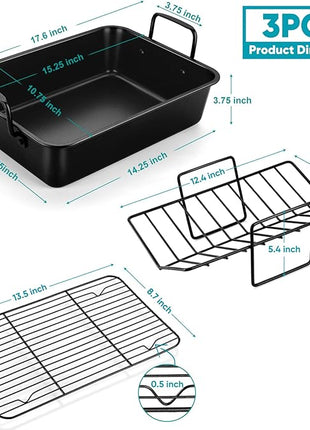 TeamFar Roasting Pan, 16’’ Nonstick Deep Lasagna Brownie Turkey Pan with V-Shaped Rack & Cooling Rack, with Stainless Steel Core & Nonstick Coating, Healthy & Sturdy Handles, Easy to Clean, Set of 3