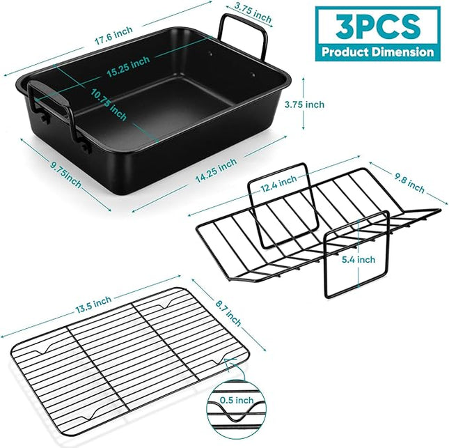 TeamFar Roasting Pan, 16’’ Nonstick Deep Lasagna Brownie Turkey Pan with V-Shaped Rack & Cooling Rack, with Stainless Steel Core & Nonstick Coating, Healthy & Sturdy Handles, Easy to Clean, Set of 3