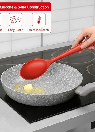 E-far Silicone Cooking Spoon Set of 2, Heat Resistant Kitchen Spoons Utensils Nonstick Mixing Spoon for Baking Stirring Serving, Non-Toxic & Dishwasher Safe (Red)