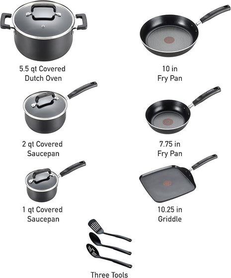 T-fal Signature Nonstick Cookware Set 12 Piece, Oven Broiler Safe 350F, Pots and Pans, Kitchen Cooking Set w/Fry Pans, Saucepans, Saute Pan, Dutch Oven, Griddle, Kitchen, Home, Dishwasher Safe, Black