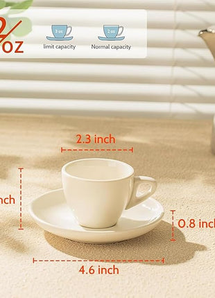 Sweese 2 Ounce Espresso Cups with Saucers, Porcelain Espresso Cups Set of 6 - White
