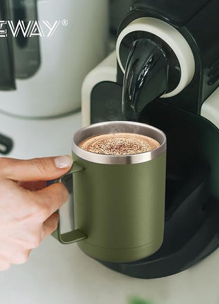 MEWAY 12oz Coffee Mug With Handle 4 Pack Bulk,Stainless Steel Insulated Travel Tumblers With Sliding Lid,Double Wall Vacuum Camping Cup for Hot & Cold Drinks Tea (Army Green,Set of 4)
