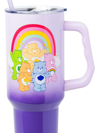 Silver Buffalo Care Bears Rainbow Featuring Funshine, Cheer, Grumpy, Friend, and Good Luck Bear Stainless Steel Tumbler with Handle and Straw, Fits in Standard Cup Holder, 40 Ounces
