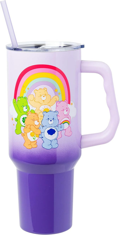 Silver Buffalo Care Bears Rainbow Featuring Funshine, Cheer, Grumpy, Friend, and Good Luck Bear Stainless Steel Tumbler with Handle and Straw, Fits in Standard Cup Holder, 40 Ounces