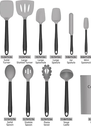 Coukre Silicone Kitchen Cooking Utensils Set with Holder – Heat-Resistant, Food-Grade Kitchen Tools, Spatula, Spoon & Gadgets for Non-Stick Pans, Dishwasher Safe (14, Gray)