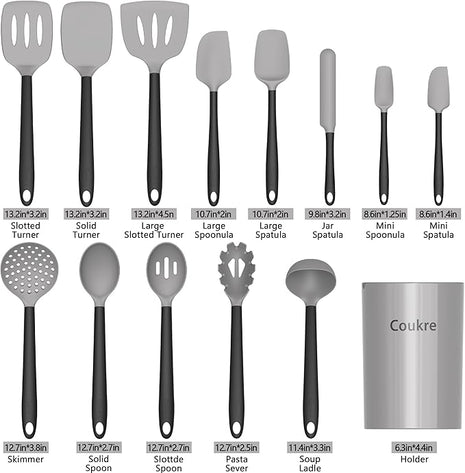 Coukre Silicone Kitchen Cooking Utensils Set with Holder – Heat-Resistant, Food-Grade Kitchen Tools, Spatula, Spoon & Gadgets for Non-Stick Pans, Dishwasher Safe (14, Gray)