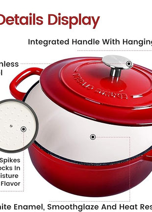 Enameled Cast Iron Dutch Oven, 5.5 Quart, Round Dutch Ovens Pot with Dual Handle for Bread Baking, Dutch Ovens with Lid, Bread Oven, Red