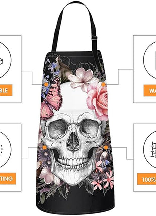 Britimes Apron Home Kitchen Cooking Baking Gardening for Women Men with Pockets Skull Flowers Vintage Rose Floral 32x28 inch