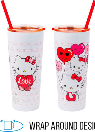 Silver Buffalo Hello Kitty Heart Balloons Double Walled Stainless Steel Tumbler with Straw, 22 Ounces