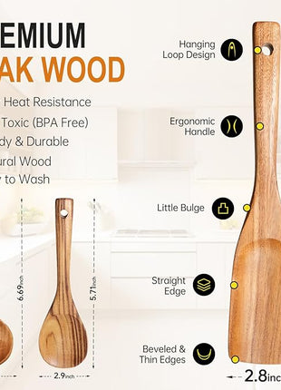 Wooden Spoons for Cooking, Wooden Utensils for Cooking Natural Teak Wooden Kitchen Utensils Set Comfort Grip (3 PCS)