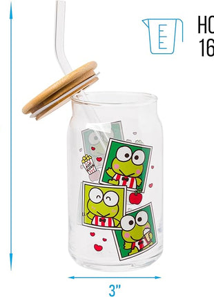 Silver Buffalo Sanrio Hello Kitty and Friends Keroppi Polaroids Glass Jar Tumbler with Bamboo Lid and Glass Straw, 16 Ounces