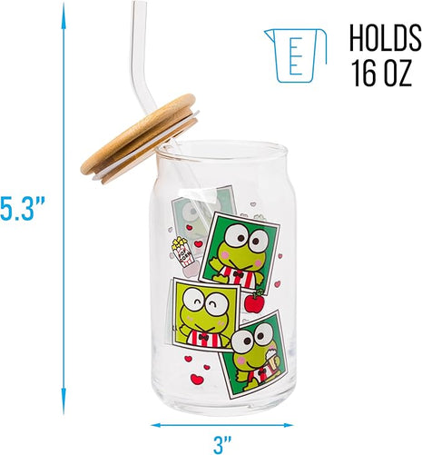 Silver Buffalo Sanrio Hello Kitty and Friends Keroppi Polaroids Glass Jar Tumbler with Bamboo Lid and Glass Straw, 16 Ounces