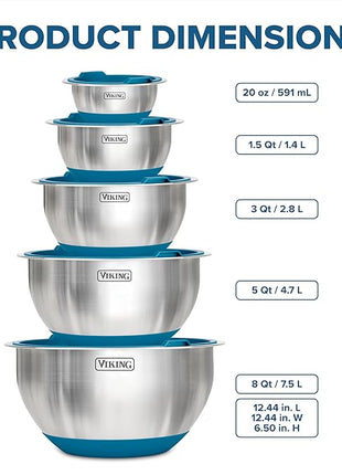 Viking Mixing Bowls Set, 10 Piece Stainless Steel Kitchen Cookware, Non-Slip Silicone Base, Includes Tight Fit Lids, Dishwasher Safe, Teal