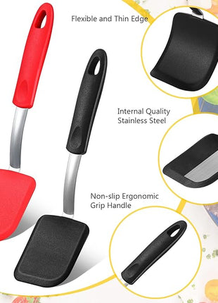 Silicone Cookie Spatula Turner 2 Pack Mini Brownie Spatula Flexible Kitchen Small Silicone Turner for Nonstick Cookware Heat Resistant No Scratch Flipper for Egg Pancake(Black, Red)