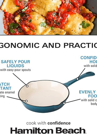 Hamilton Beach Enameled Cast Iron Fry Pan 8-Inch Navy, Cream Enamel Coating, Skillet Pan for Stove Top and Oven