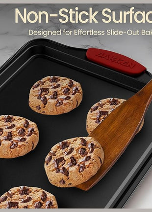 Baking Pan Set – 3 Piece Cookie Sheet – Deluxe Black Non-Stick Carbon Steel – Silicone Handles – Commercial Grade Restaurant Quality – PFOA PFOS and PTFE Free by Bakken
