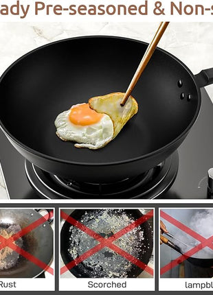 Carbon Steel Wok, 13-Inch, Pre-Seasoned, Non-Stick, with Lid and Spatula, Flat Bottom, Ideal for Stovetop Cooking