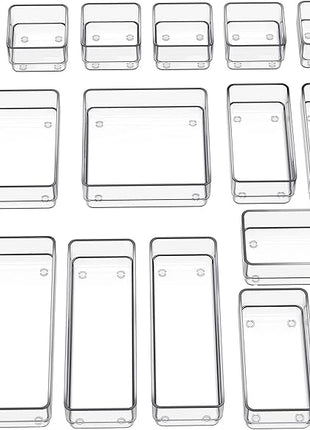 SMARTAKE 16-Piece Drawer Organizer with Non-Slip Silicone Pads, 5-Size Desk Storage Tray for Makeup, Jewelries, Utensils in Bedroom Dresser, Office and Kitchen, Clear