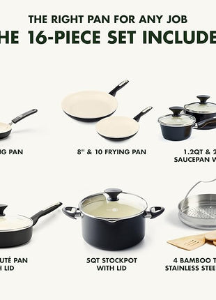 GreenPan Rio 16 Piece Cookware Pots and Pans Set, Hard Anodized Healthy Ceramic Nonstick PFAS-Free, Bakelite Handles, Frypans, Saucepan, Saute Pan, Stock Pot, Kitchen Tools, Dishwasher Safe, Black
