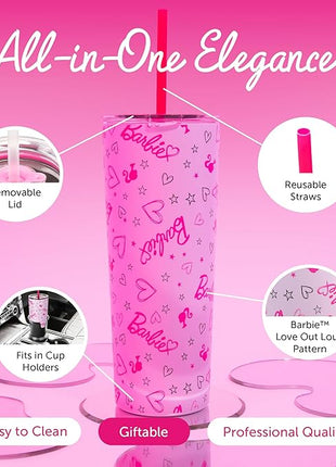 Dragon Glassware x Barbie Vacuum Insulated Tumbler with Lid and Straw - 24 oz Tumbler Cup with 2 Straws - Stainless Steel Tumbler with Straw for Water, Iced Tea - Travel Coffee Tumbler - Love Out Loud