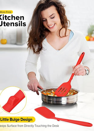 Pack of 2 Silicone Spatula Turners, Non Stick Slotted Kitchen Spatula Set, Heat Resistant BPA Free Kitchen Utensils, One-Piece Design, Suitable for Flipping Fish, Eggs, Steak, Pancakes (RED)