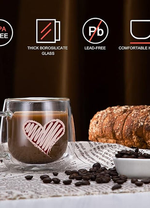 CNGLASS Double Walled Glass Coffee Mugs 10oz,Large Insulated Espresso Cups,Set of 2 Clear Glasses Cappuccino Mug with Handle(Tea Latte Glassware)