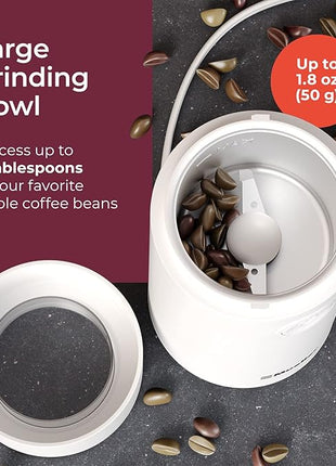 MuellerLiving Electric Coffee Grinder for Spice, Nut, Herbs and Coffee Beans, Sharp Blade, Stainless Steel - White