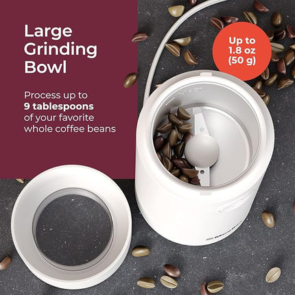 MuellerLiving Electric Coffee Grinder for Spice, Nut, Herbs and Coffee Beans, Sharp Blade, Stainless Steel - White