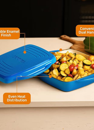 Bruntmor 11" Enameled Cast Iron Cookware - 2-in-1 Square Cast Iron Baking Dish with Lid for Baking, Braising and Roasting - Durable and Nonstick Skillet Dutch Oven with Dual Handles - Caribbean Blue