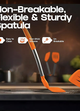 Silicone Spatula Set - Turner Spatulas Silicone Heat Resistant 600°F - Slotted & Solid Silicone Spatulas for Cooking Fish, Eggs, Pancakes Flipper – Silicone Cooking Utensils Set – Orange